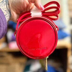 Marc Jacobs Mini Red Patent Leather Canteen Crossbody Bag.